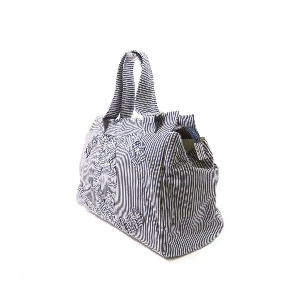 5396 - Chanel Canvas CC Striped Tote Bag Ginpaku Hand Stitched
